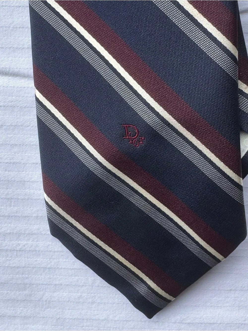 Christian Dior Men's Navy and Burgundy Striped Silk Tie